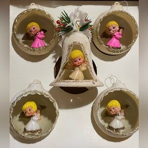 Vintage 1960’s Angel Christmas Ornaments~Lot of 5~Pink & White Angels